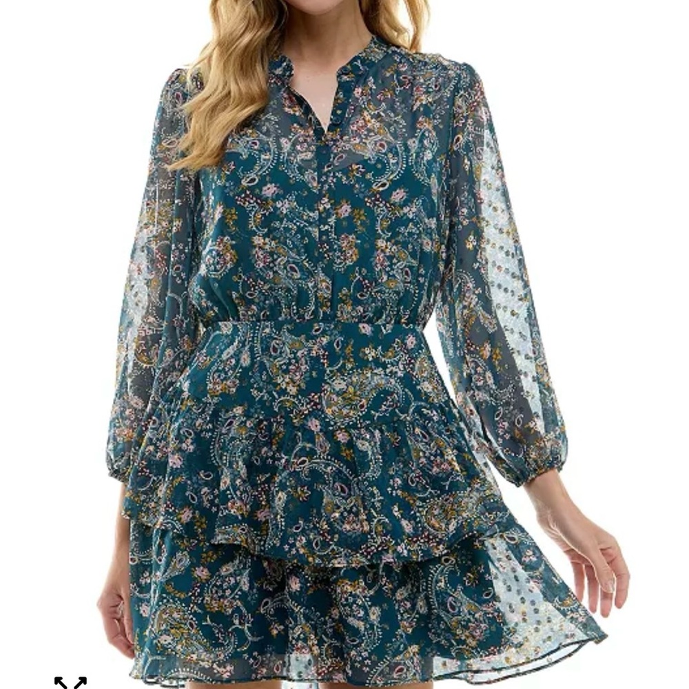 City Studio Floral Chiffon Long Sleeve Dress - Juniors Large / Adult Medium